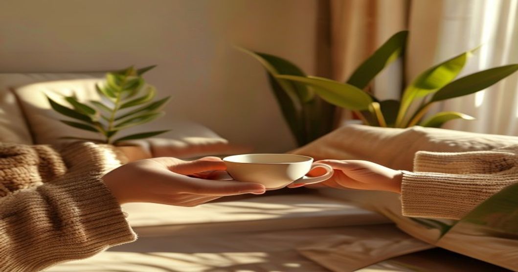 Consultorio luminoso y recogido con luz natural, una taza sobre la mesa y una planta junto a la ventana