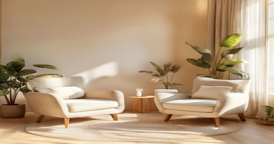 Consultorio de psicología con dos sillones enfrentados, luz natural y plantas