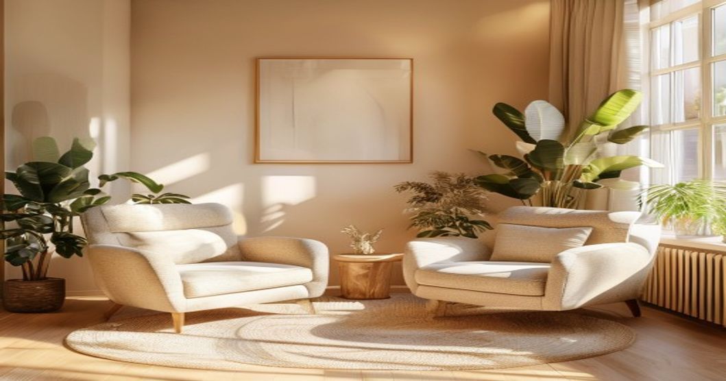Consultorio de psicología luminoso en Barcelona con dos sillones, luz natural y plantas