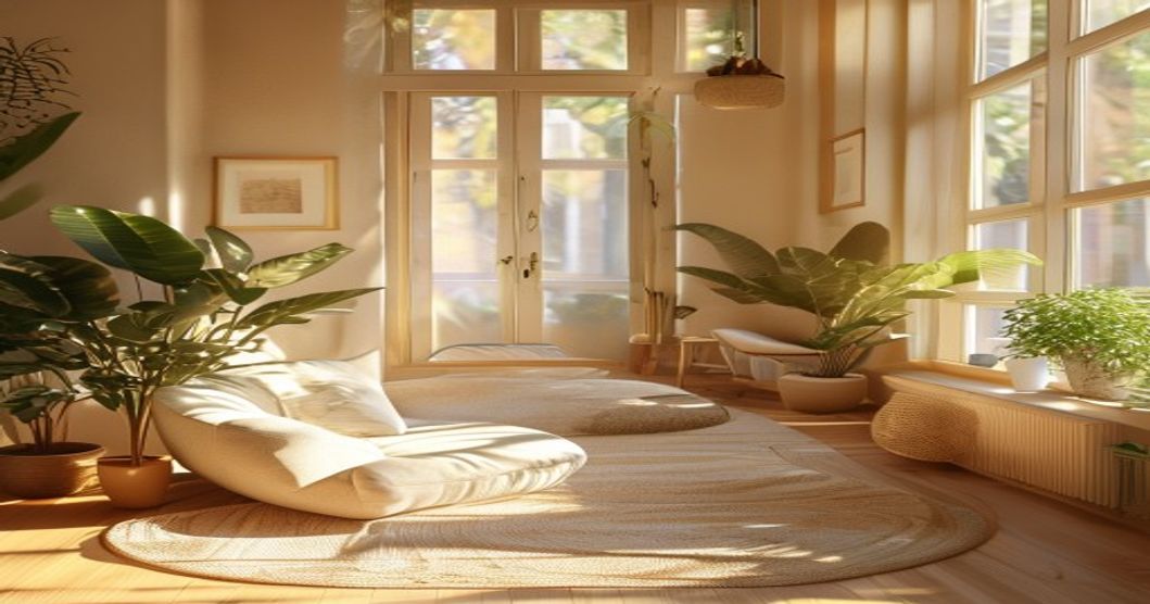 Espacio terapéutico luminoso con luz natural junto a ventana, tonos cálidos y planta, ambiente acogedor