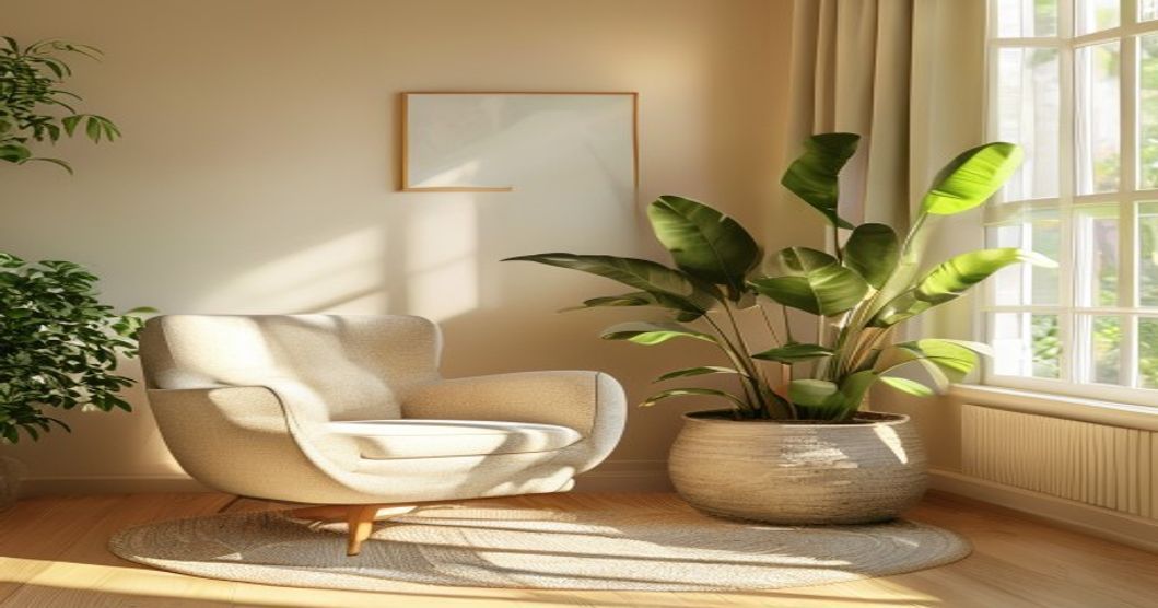 Espacio luminoso con luz natural entrando por una ventana, una silla cómoda y una planta: símbolo de un lugar de escucha accesible