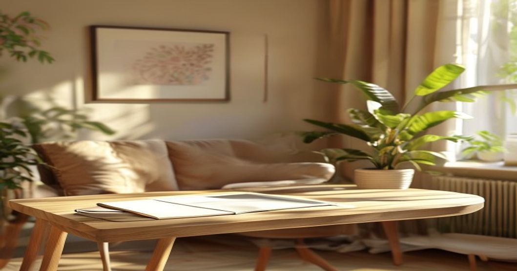 Escritorio ordenado con luz natural, libreta y planta: espacio terapéutico luminoso y acogedor